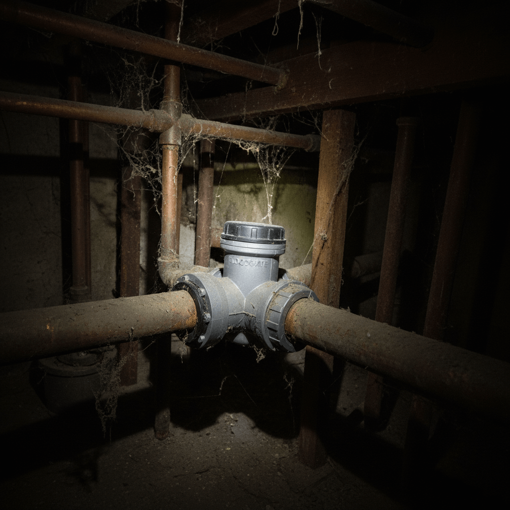 Techniker wartet einen Rückstauverschluss im Keller